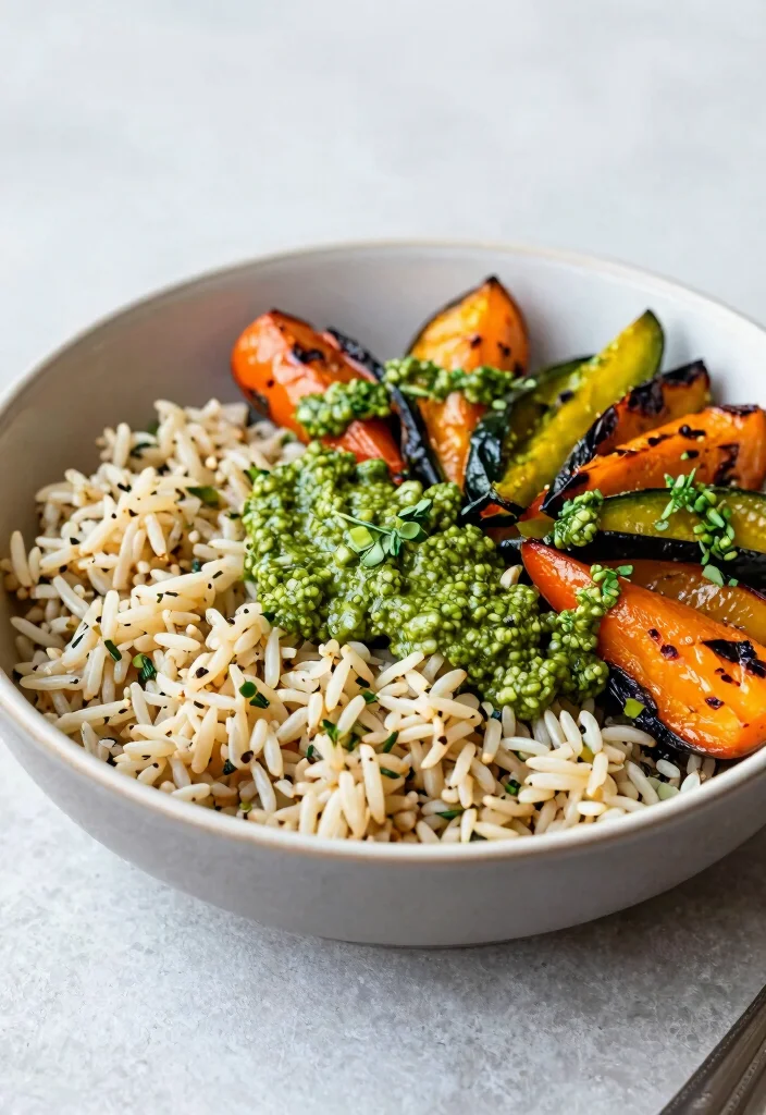 10 Vegan Wild Rice Recipes for Nutty Hearty Plant Meals - 10. Pesto Wild Rice Bowl with Roasted Veggies