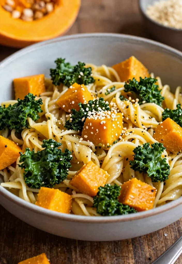 12 Cozy Vegan Fall Dinner Recipes with Seasonal Weeknight Flavor - 6. Butternut Squash and Kale Pasta