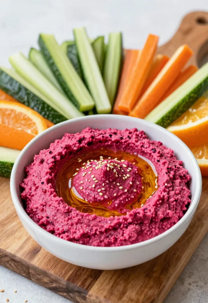 12 Healthy Aesthetic Recipes for Fresh Stylish Everyday Meals - 5. Beetroot Hummus with Veggie Sticks